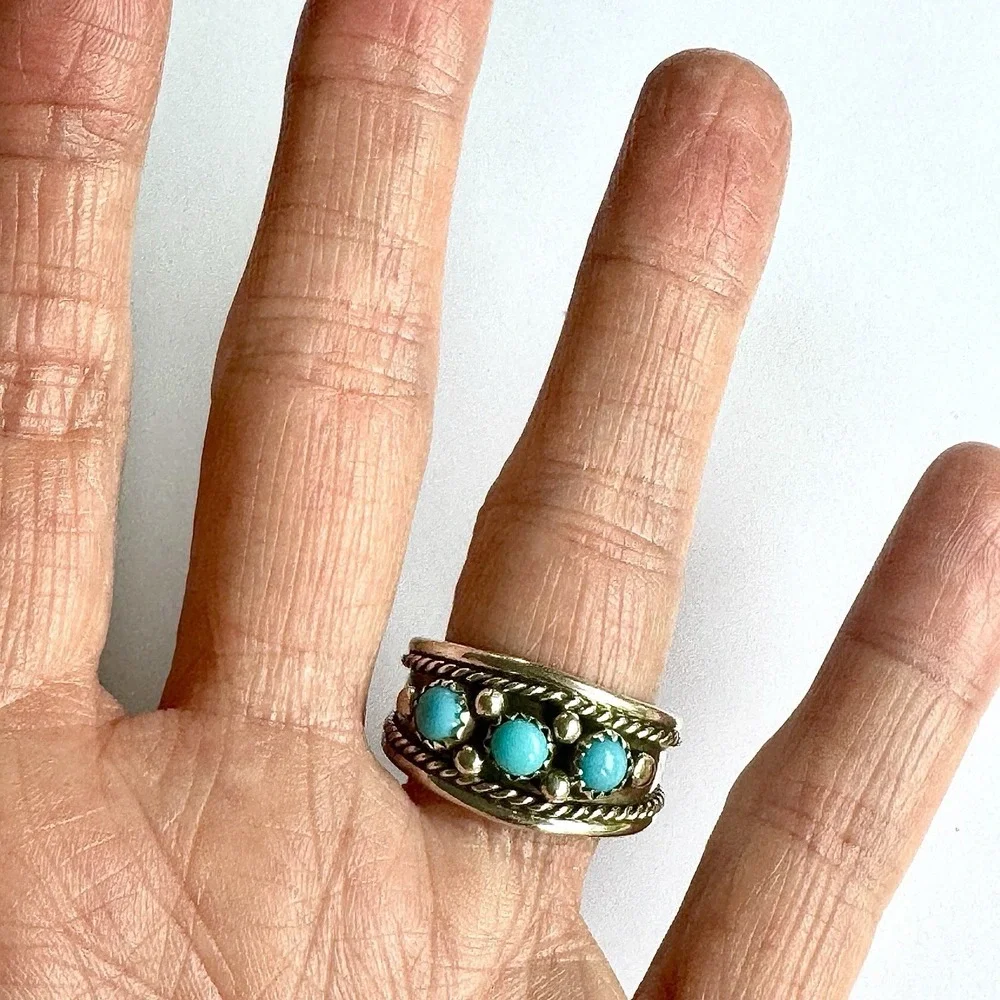 Navajo Turquoise Mens‎ Band Sz 12 Ring 13mm Three Stone Sterling Native Rope